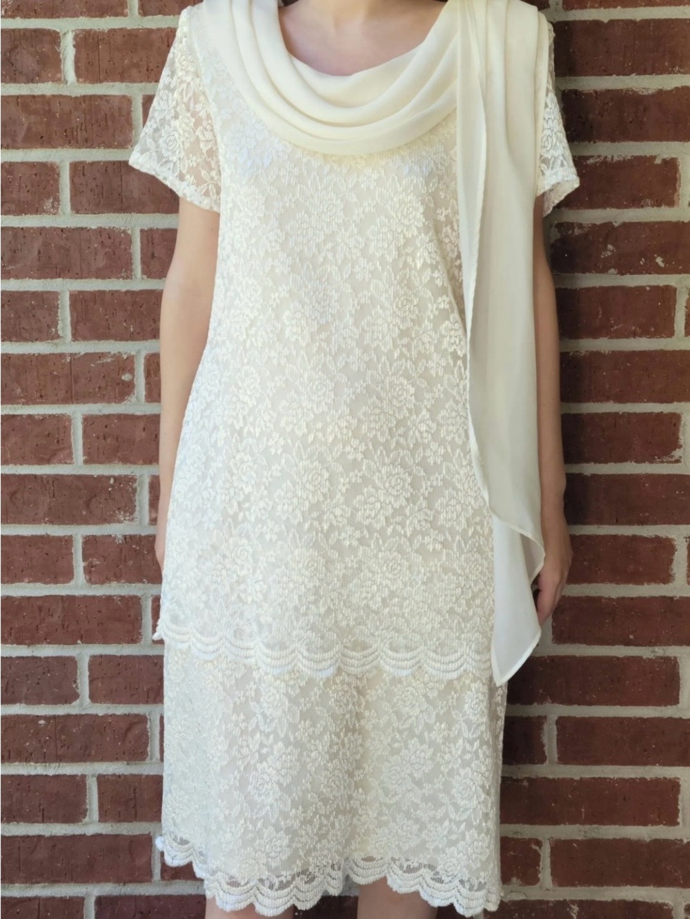 Studio C Ivory Lace Midi Dress with Draped Scarf